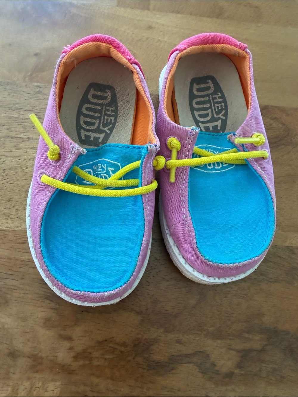 Hey Dude Toddler Pink & Blue Canvas Slip-On Shoes w/ Yellow Laces Size Toddler 5